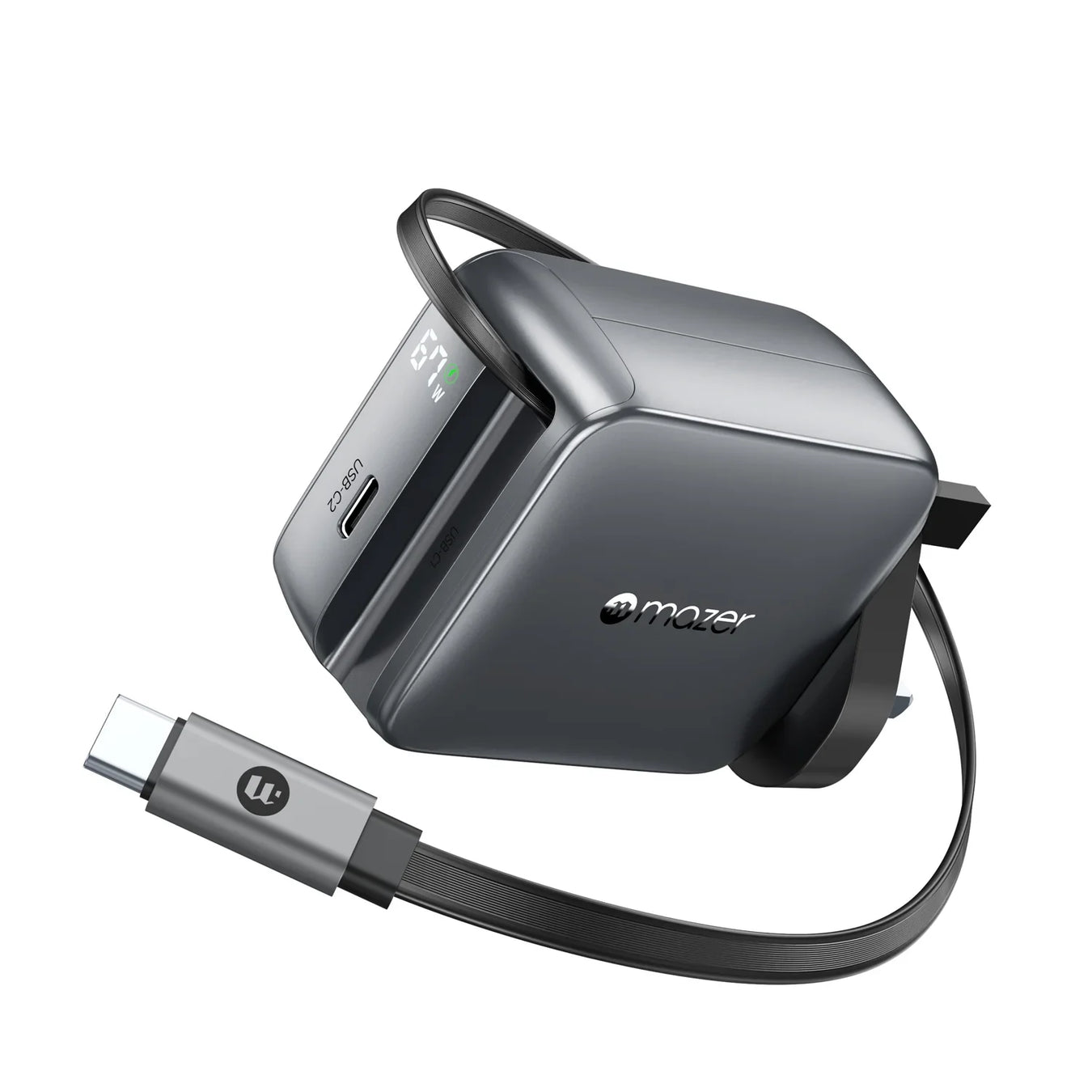 Mazer PrestigeGaN R 67W GaN Wall Charger with Retractable USB-C Cable