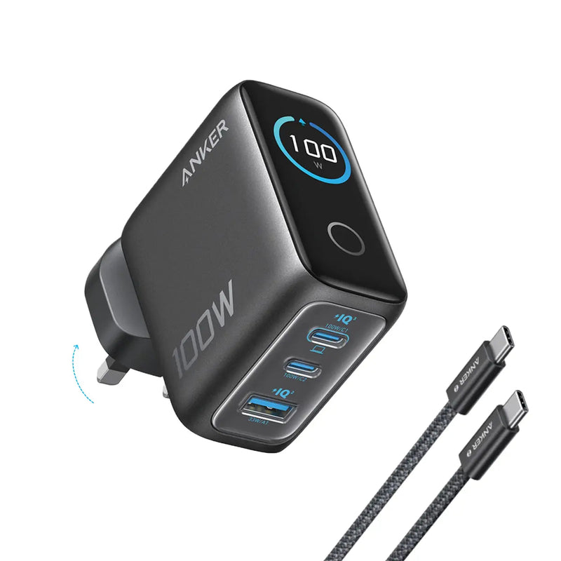 Anker 100W 3-Port GaN Wall Charger with Smart Display and USB-C Cable in Black