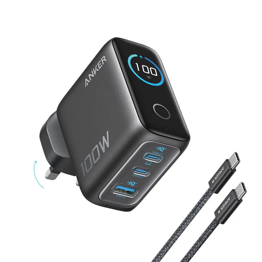 Anker 100W 3-Port GaN Wall Charger with Smart Display and USB-C Cable in Black