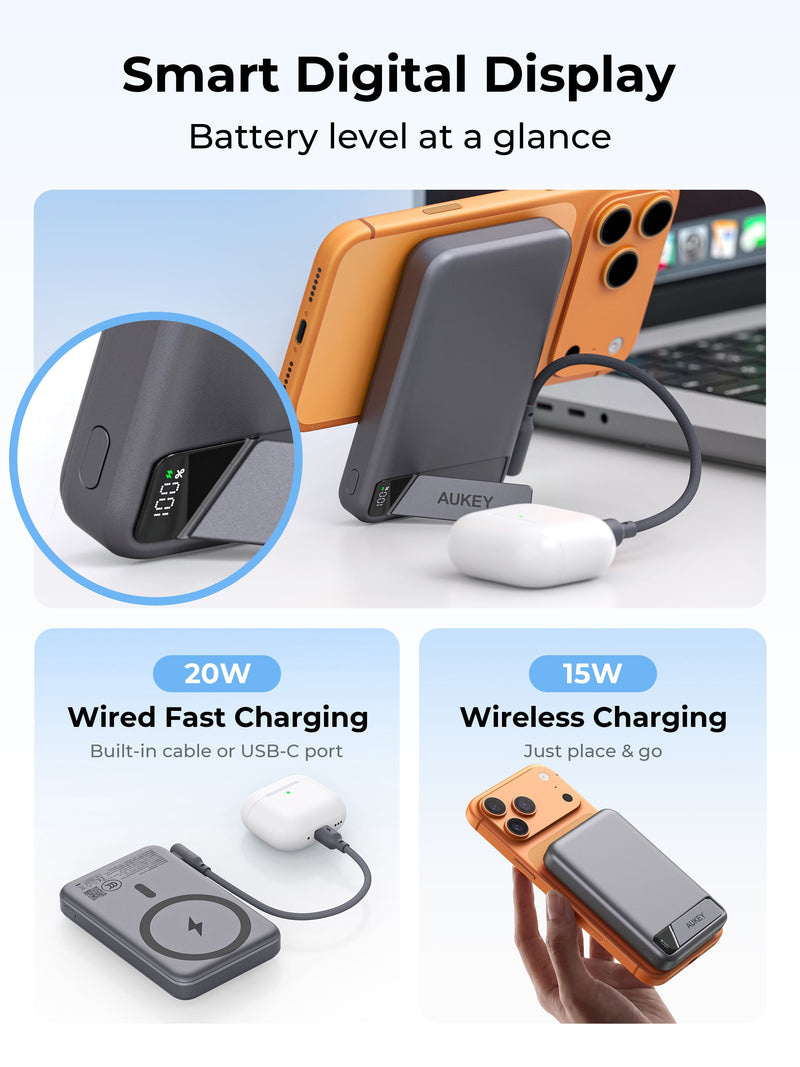 Aukey PB-MS20 MagFusion Vista 10,000mAh 15W Wireless Power Bank with Built-in Cable