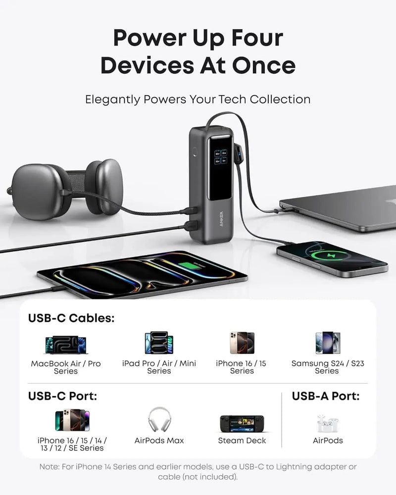 Anker Power Bank 165W with 2 Built-in Retractable USB-C Cables (25,000mAh), feature detail