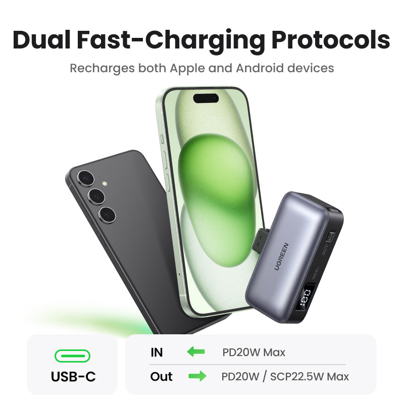 UGREEN 22.5W Power Bank with Built-in Cable (5,000mAh)