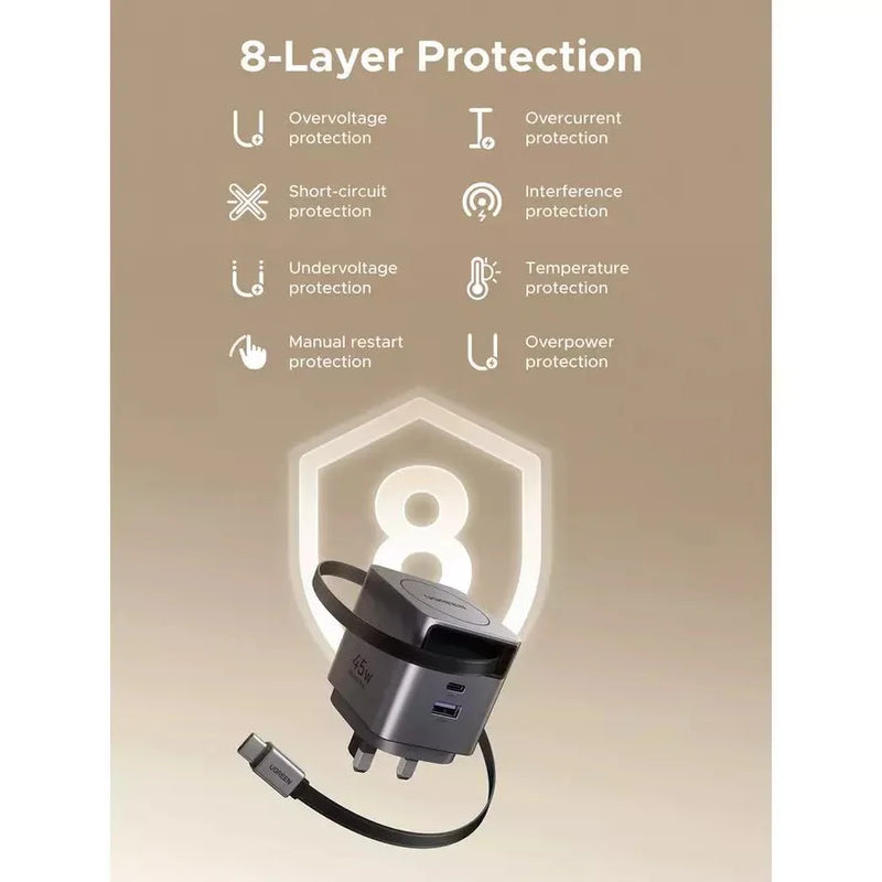 UGREEN Nexode Pro 45W Charger with Retractable USB-C Cable (UK Plug)