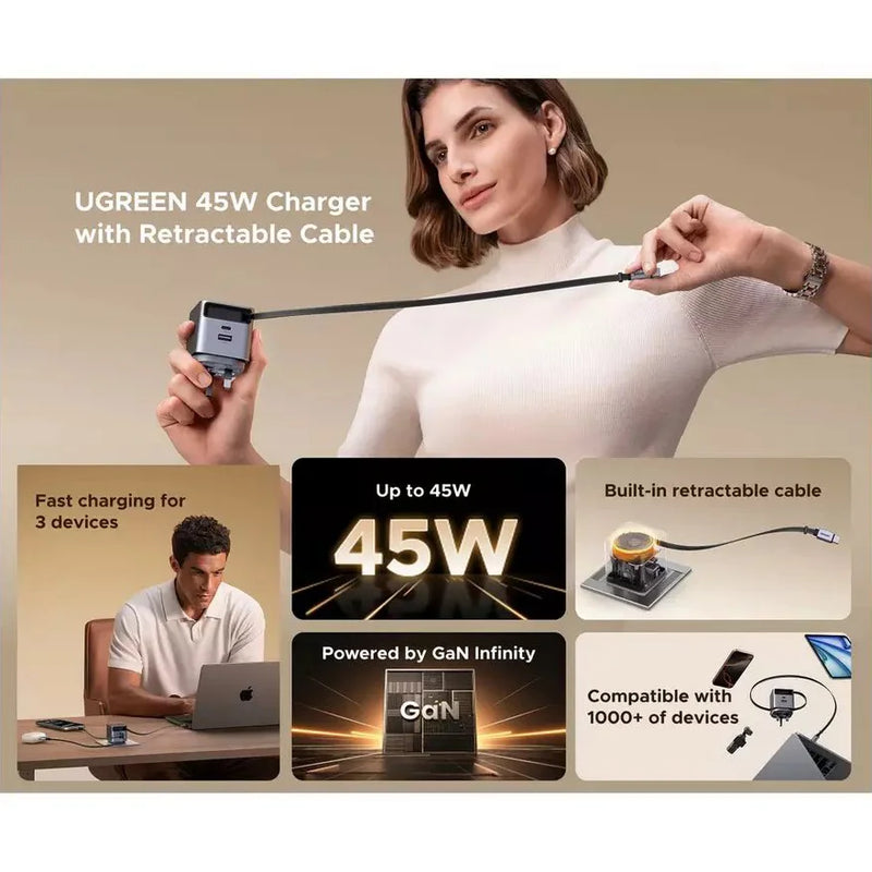 UGREEN Nexode Pro 45W Charger with Retractable USB-C Cable (UK Plug)