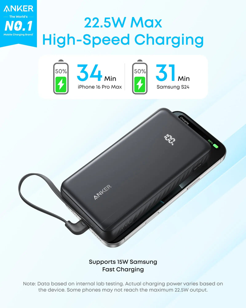 Anker Zolo 22.5W Power Bank with Built-in USB-C Cable (20,000mAh)