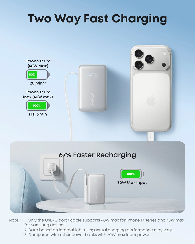 Anker Nano Power Bank 45W with Built-In Retractable USB-C Cable (10,000mAH)