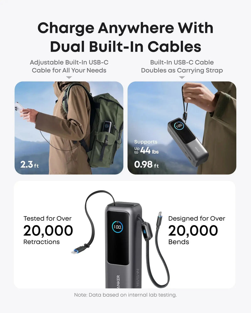 Anker Power Bank 165W with 2 Built-in Retractable USB-C Cables (25,000mAh), feature detail