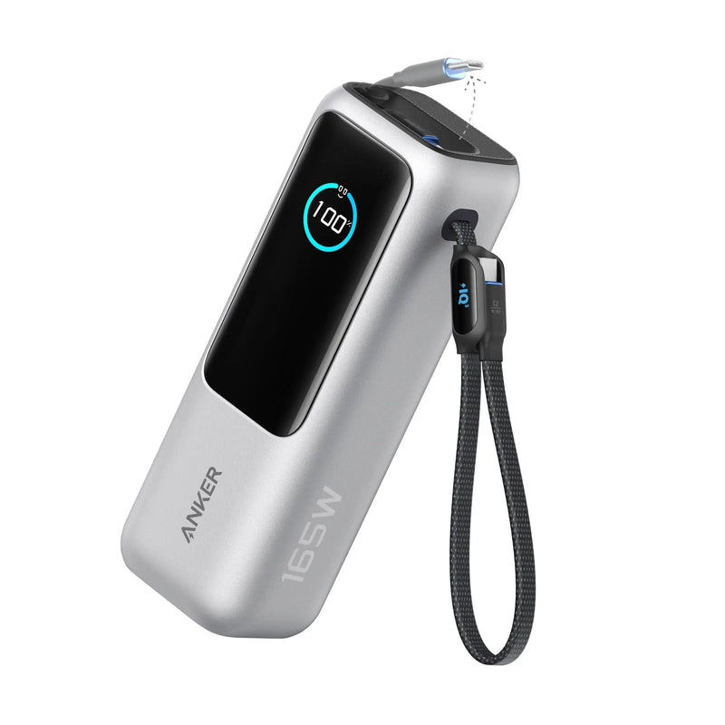 Anker Power Bank 165W with 2 Built-in Retractable USB-C Cables (25,000mAh) in Silver