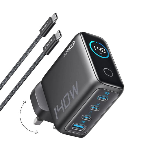 Anker 140W 4-Port GaN Wall Charger with Display and USB-C Cable