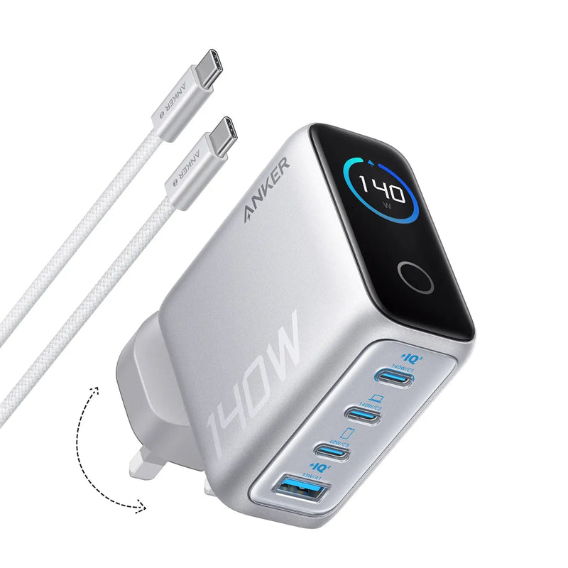 Anker 140W 4-Port GaN Wall Charger with Display and USB-C Cable in Silver