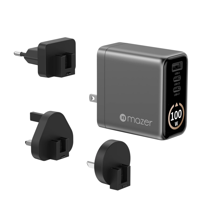 Mazer AiPrestigeGaN 100W Gan Wall Charger Ai Display with Travel Pins (3 Ports)