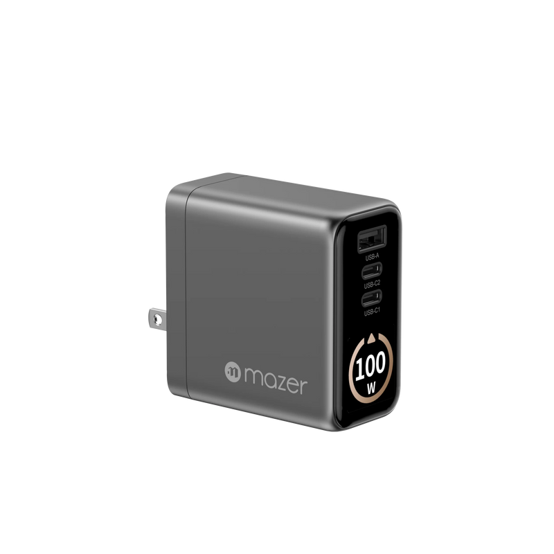 Mazer AiPrestigeGaN 100W Gan Wall Charger Ai Display with Travel Pins (3 Ports)