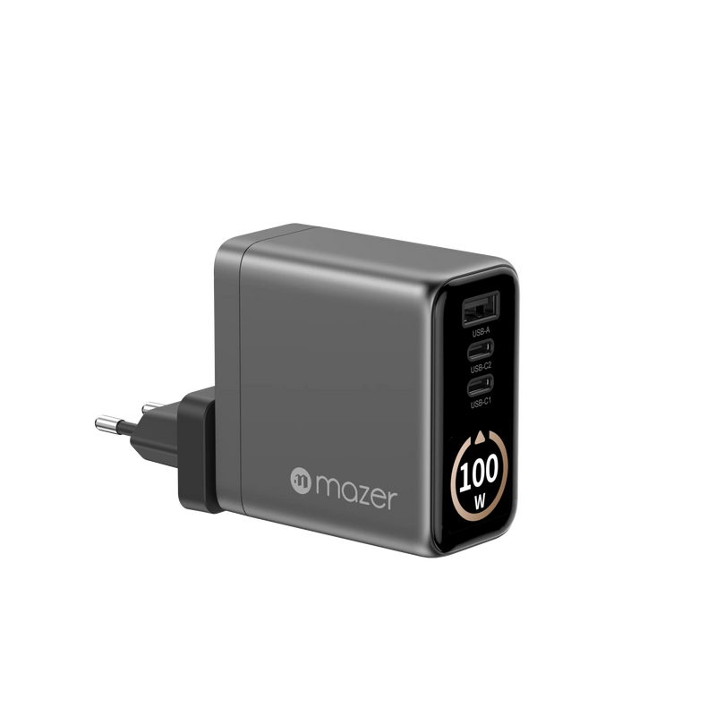 Mazer AiPrestigeGaN 100W Gan Wall Charger Ai Display with Travel Pins (3 Ports)