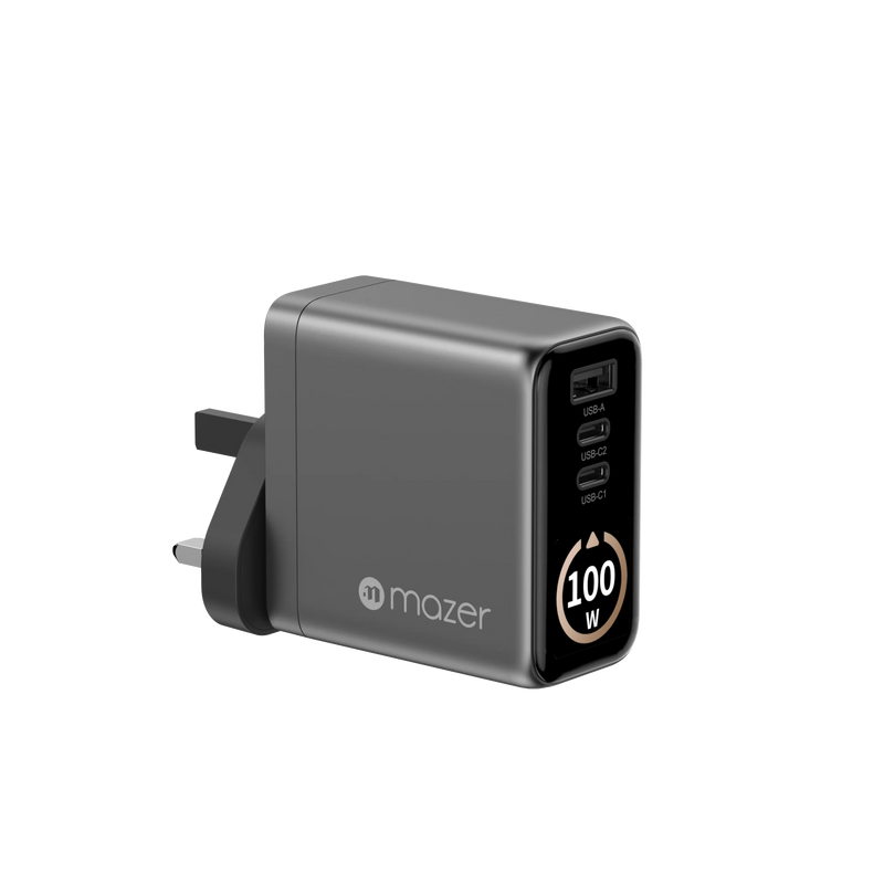 Mazer AiPrestigeGaN 100W Gan Wall Charger Ai Display with Travel Pins (3 Ports)