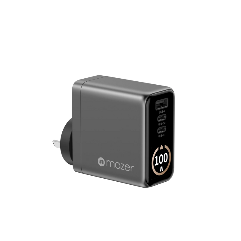 Mazer AiPrestigeGaN 100W Gan Wall Charger Ai Display with Travel Pins (3 Ports)