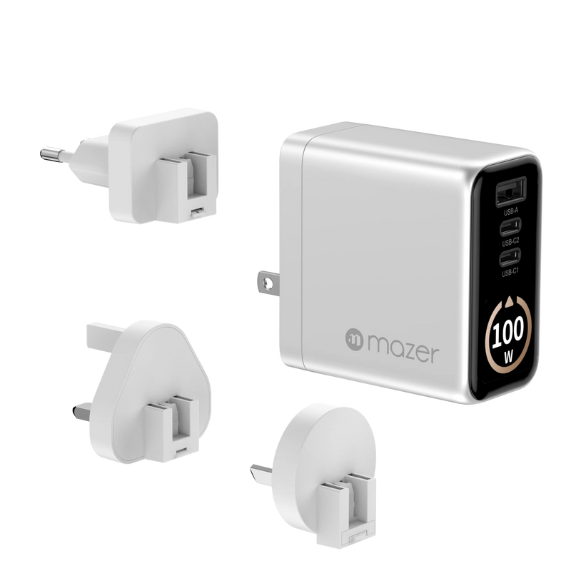 Mazer AiPrestigeGaN 100W Gan Wall Charger Ai Display with Travel Pins (3 Ports)