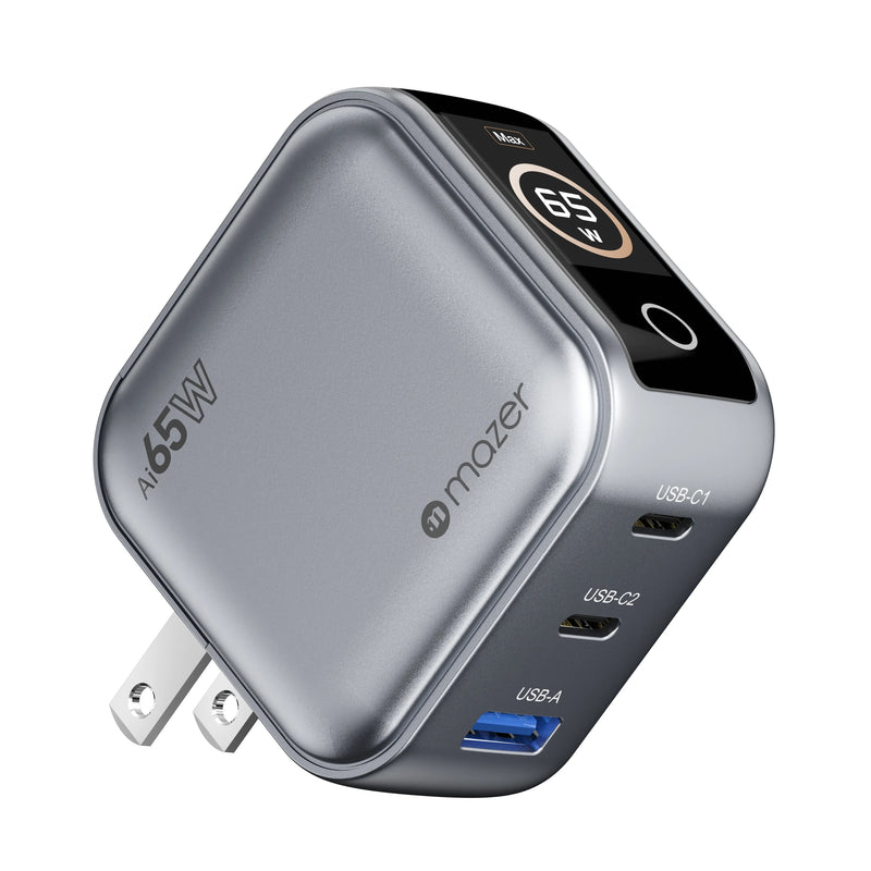 Mazer AiPrestigeGaN 65W Gan Wall Charger Ai Display (3 Ports)
