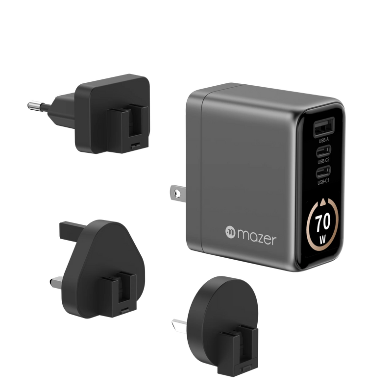 Mazer AiPrestigeGaN 70W Gan Wall Charger Ai Display with Travel Pins (3 Ports)
