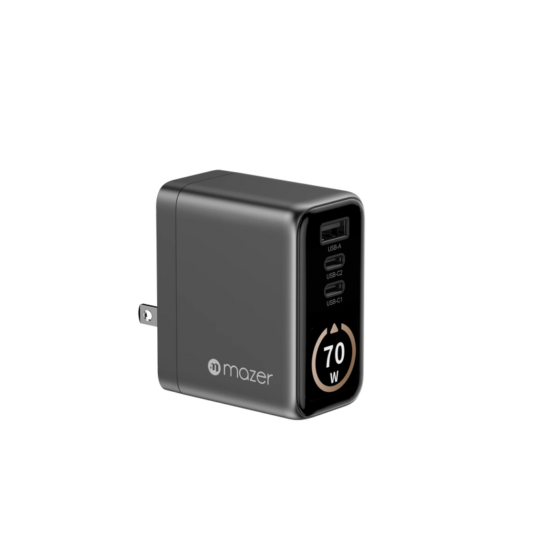 Mazer AiPrestigeGaN 70W Gan Wall Charger Ai Display with Travel Pins (3 Ports)