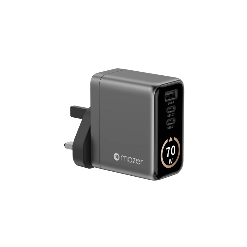 Mazer AiPrestigeGaN 70W Gan Wall Charger Ai Display with Travel Pins (3 Ports)