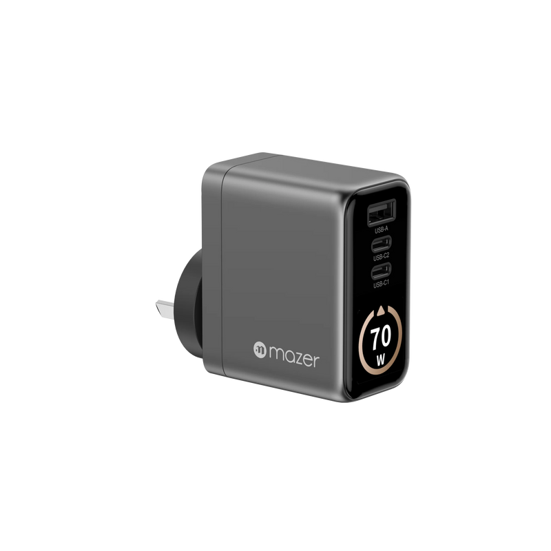 Mazer AiPrestigeGaN 70W Gan Wall Charger Ai Display with Travel Pins (3 Ports)
