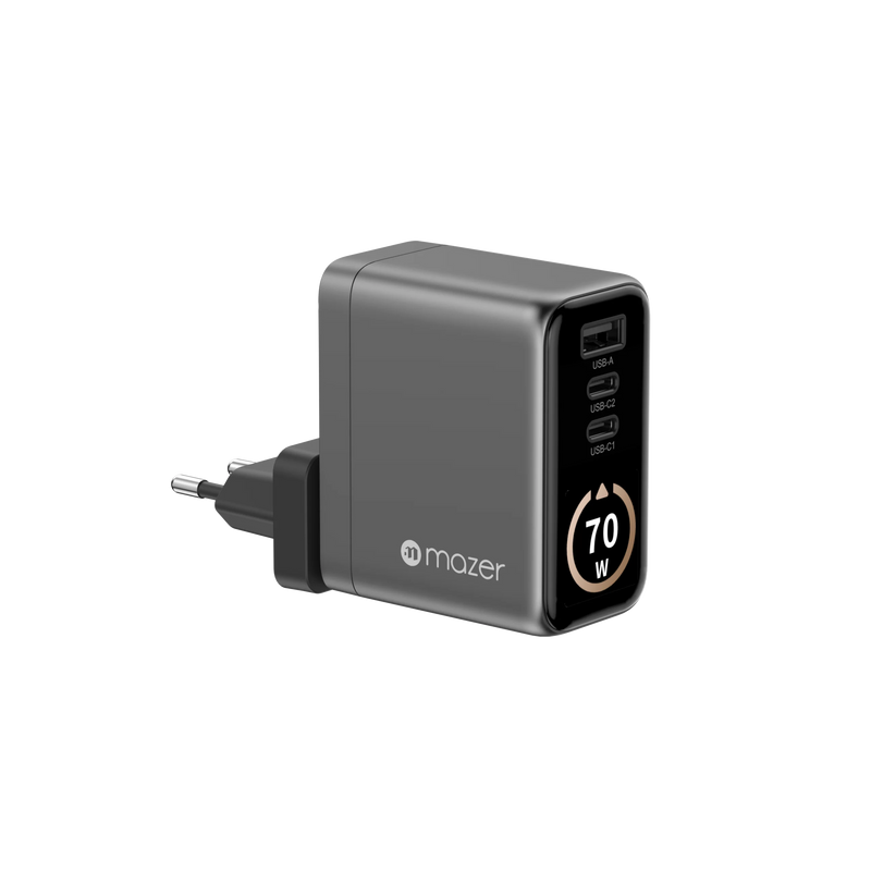 Mazer AiPrestigeGaN 70W Gan Wall Charger Ai Display with Travel Pins (3 Ports)