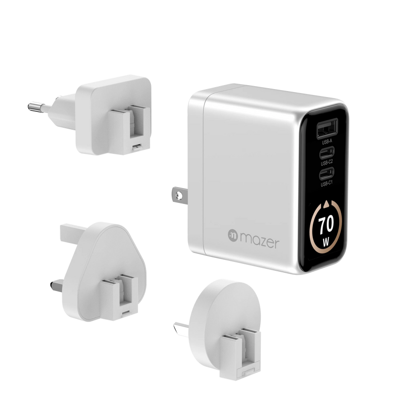 Mazer AiPrestigeGaN 70W Gan Wall Charger Ai Display with Travel Pins (3 Ports)