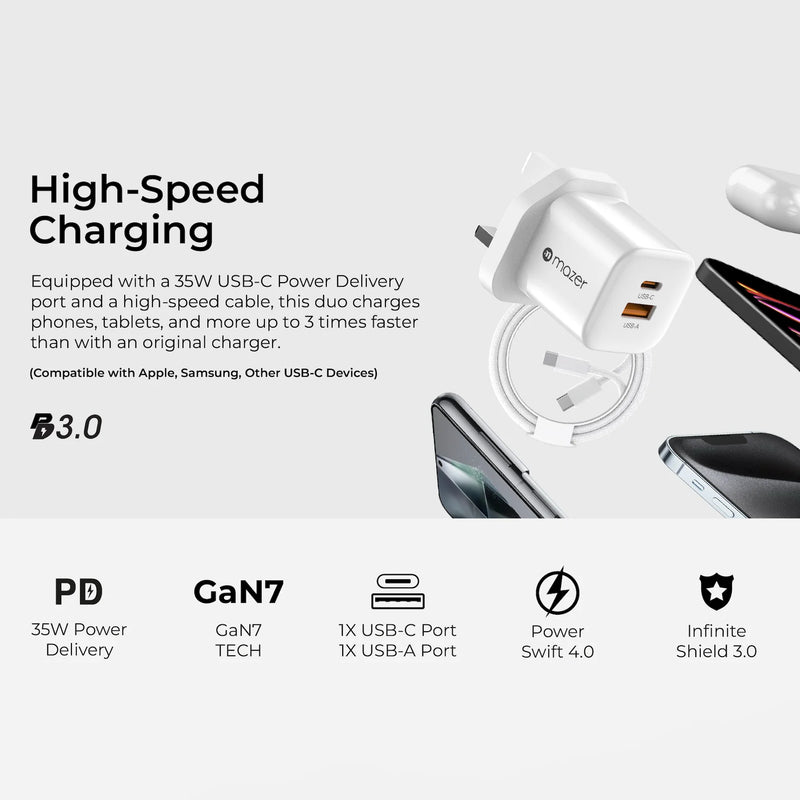 Mazer PrestigeGaN V6 35W GaN Wall Charger with Cable (UK Plug)