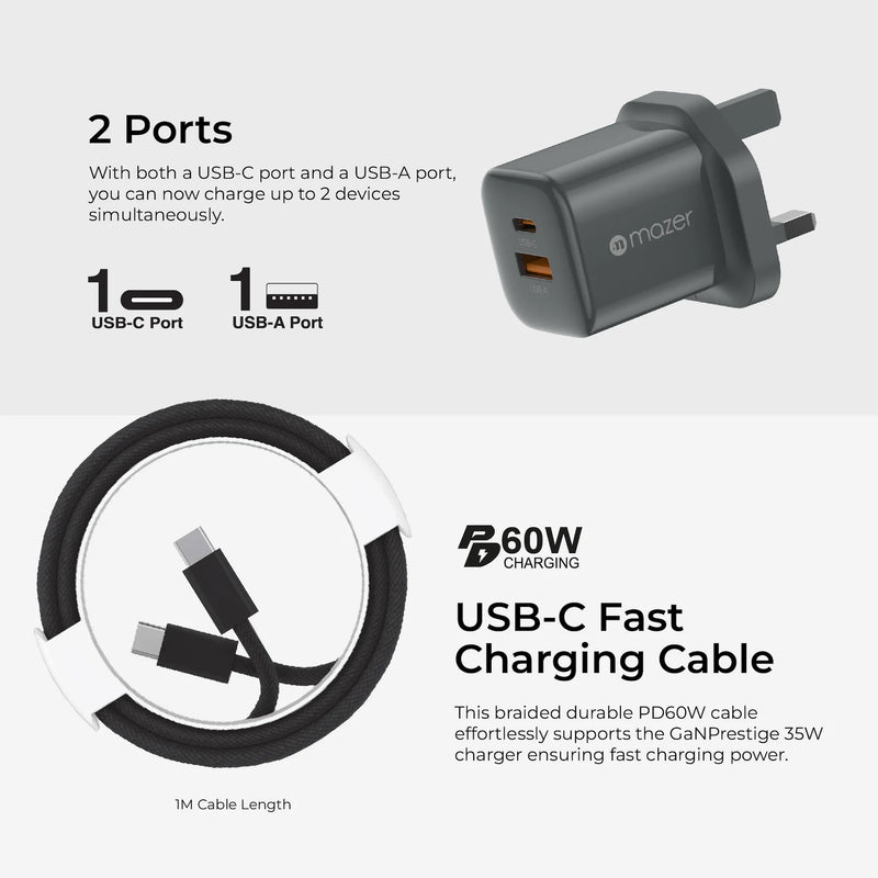 Mazer PrestigeGaN V6 35W GaN Wall Charger with Cable (UK Plug)
