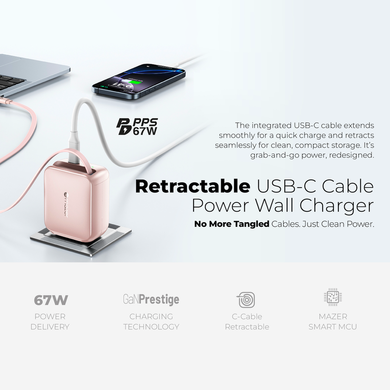Mazer PrestigeGaN R 67W GaN Wall Charger with Retractable USB-C Cable