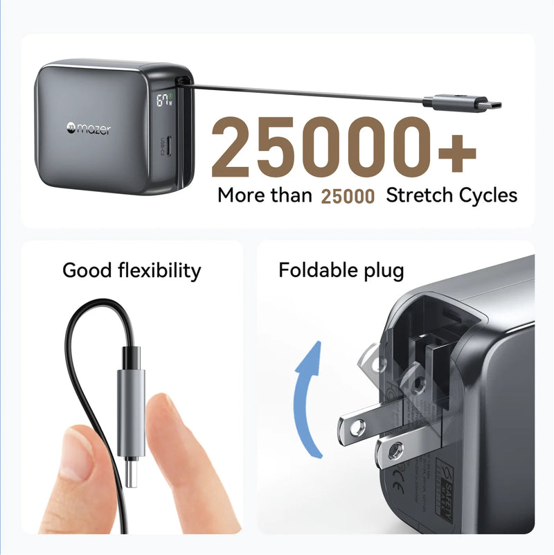 Mazer PrestigeGaN R 67W GaN Wall Charger with Retractable USB-C Cable