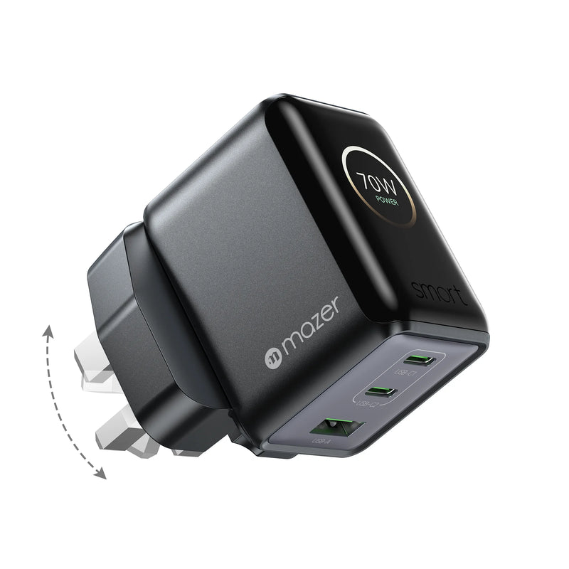 Mazer PrestigeGaN Ai 70W Foldable GaN Wall Charger (3 Ports)