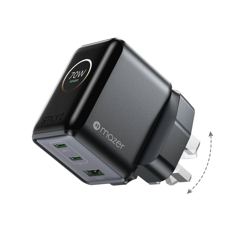 Mazer PrestigeGaN Ai 70W Foldable GaN Wall Charger (3 Ports)