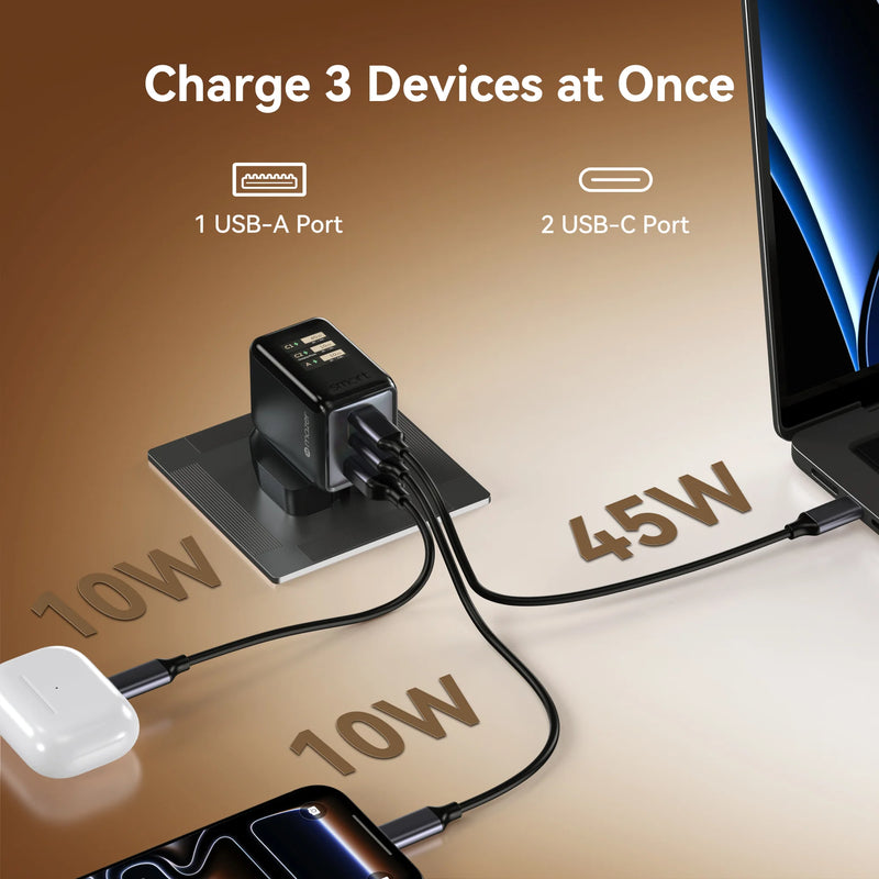 Mazer PrestigeGaN Ai 70W Foldable GaN Wall Charger (3 Ports)