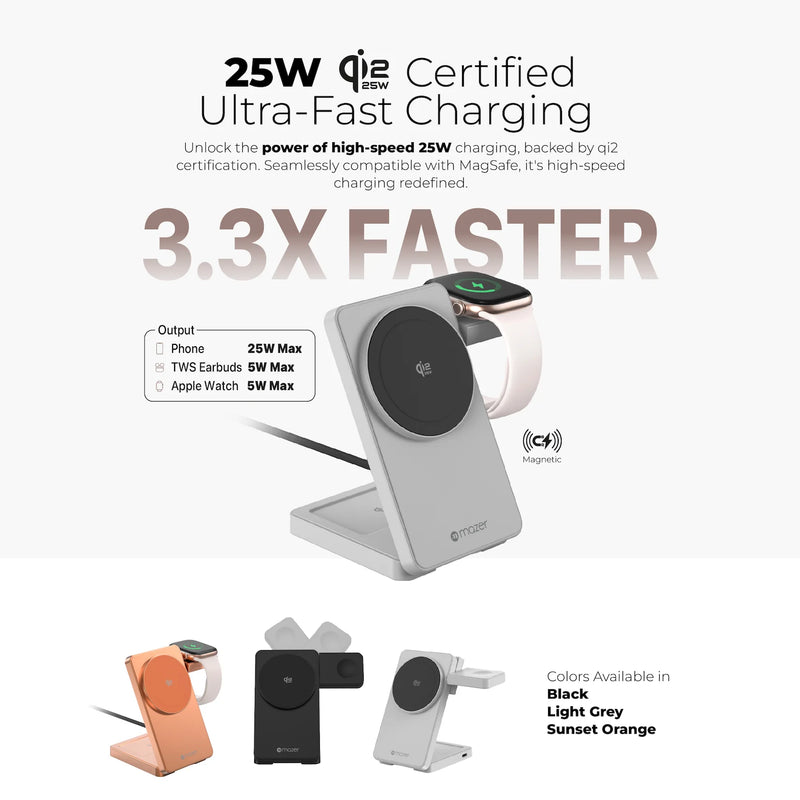 Mazer MagFold07 Qi2.2 Certified 25W Foldable 3-in-1 Wireless Charger