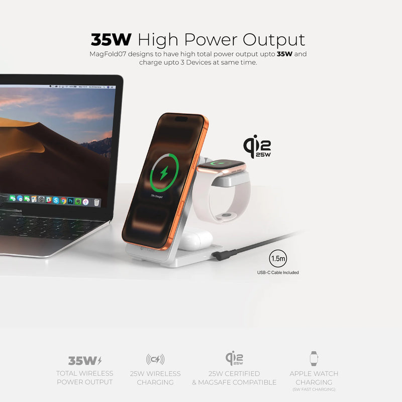 Mazer MagFold07 Qi2.2 Certified 25W Foldable 3-in-1 Wireless Charger