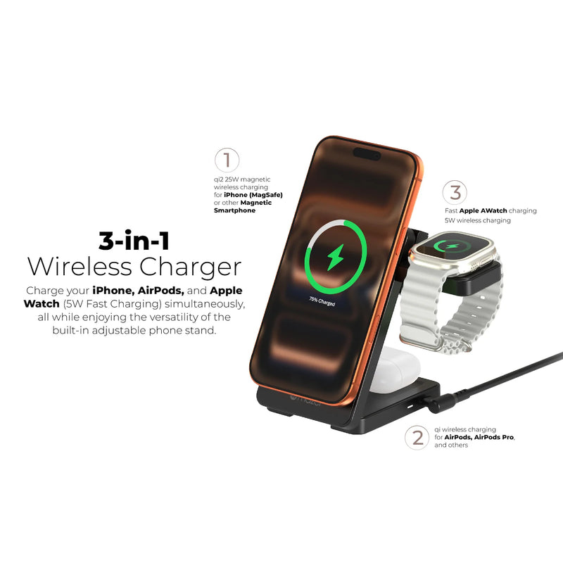 Mazer MagFold07 Qi2.2 Certified 25W Foldable 3-in-1 Wireless Charger