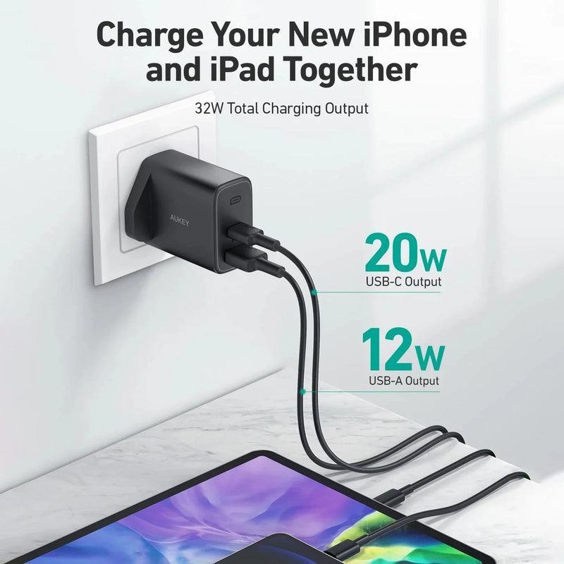 Aukey 32W Swift Series PD Dual USB-C & USB-A Wall Charger (UK Plug)