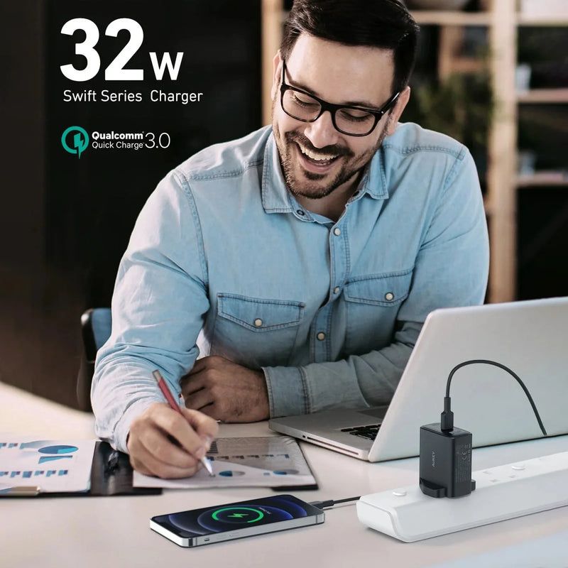 Aukey 32W Swift Series PD Dual USB-C & USB-A Wall Charger (UK Plug)