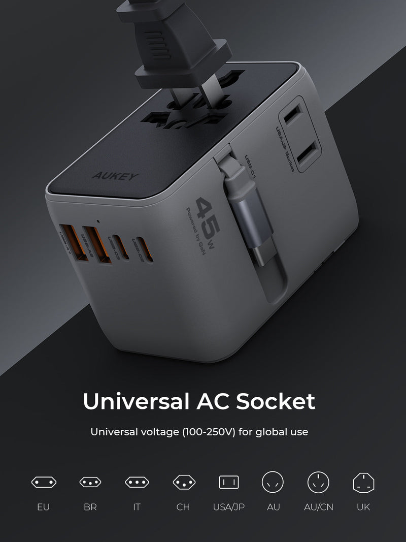 Aukey Globe Reel 45W GaN Universal Travel Adapter with Retractable Cable - 4