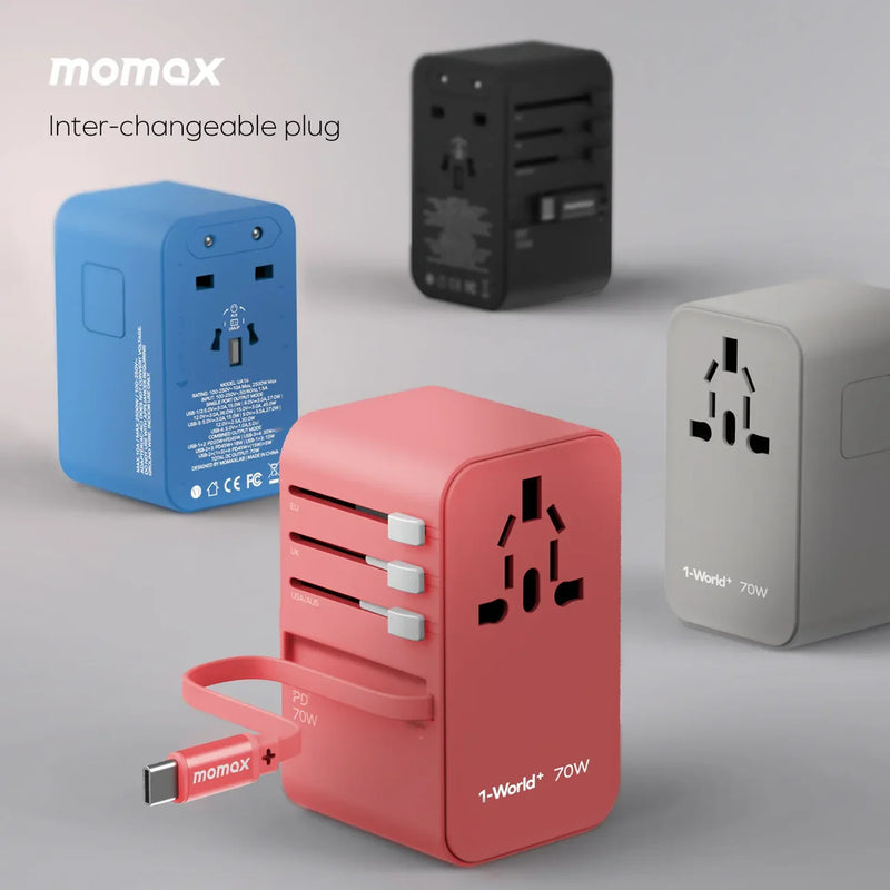 Momax 1-World 70W Universal GaN Travel Adaptor (With Built-in USB-C Cable)
