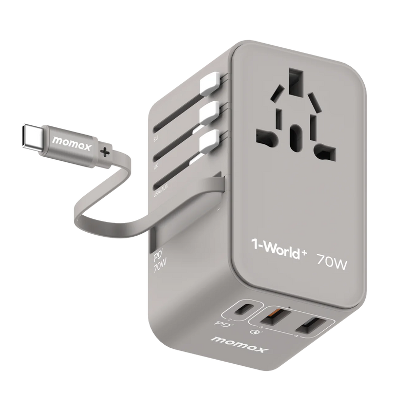 Momax 1-World 70W Universal GaN Travel Adaptor (With Built-in USB-C Cable)