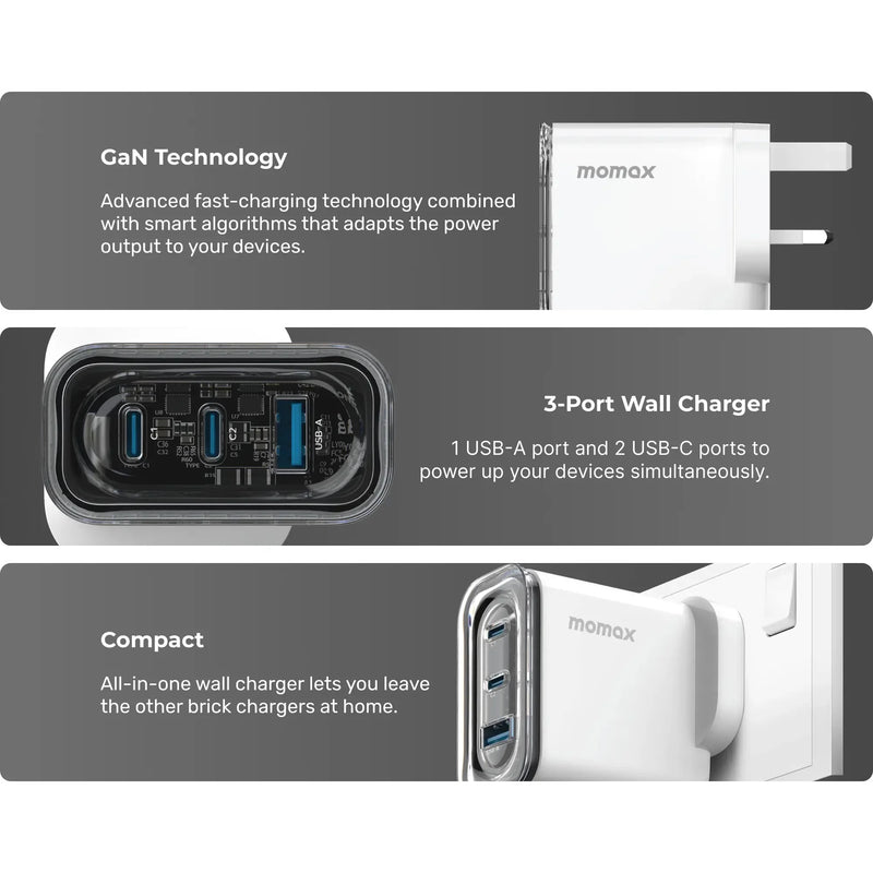 Momax 1-Charge Flow 3-Port GaN Charger 80W (UK Edition)