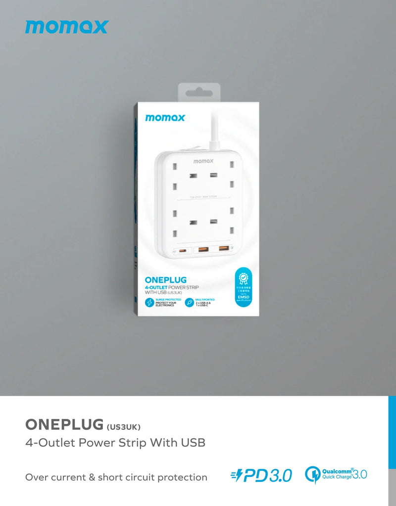 Momax ONE-PLUG 4-Outlet Power Strip With USB