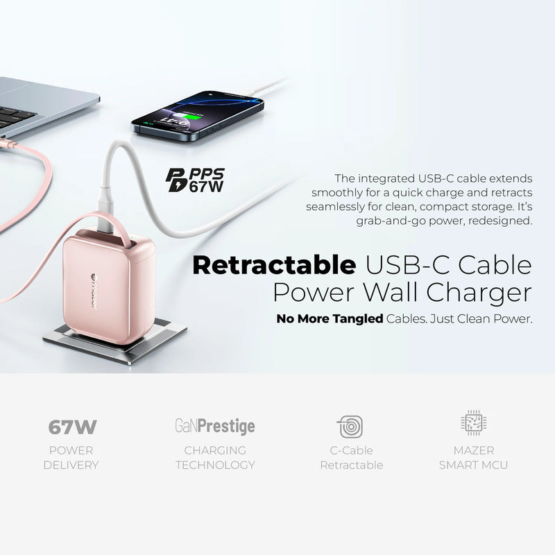 Mazer PrestigeGaN R 67W GaN Wall Charger with Retractable USB-C Cable