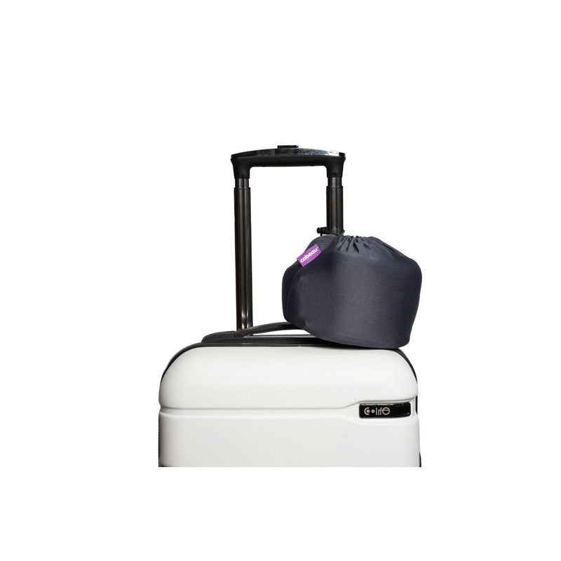 Cabeau Evolution Plus Travel Pillow travel case clipped to a suitcase handle