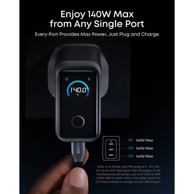Anker Prime 160W 3-Port GaN Wall Charger with Smart Display, feature detail