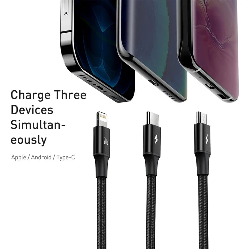 Baseus 20W Rapid Series 3-in-1 Fast Charging Data Cable (Type-C to M+L+C PD)
