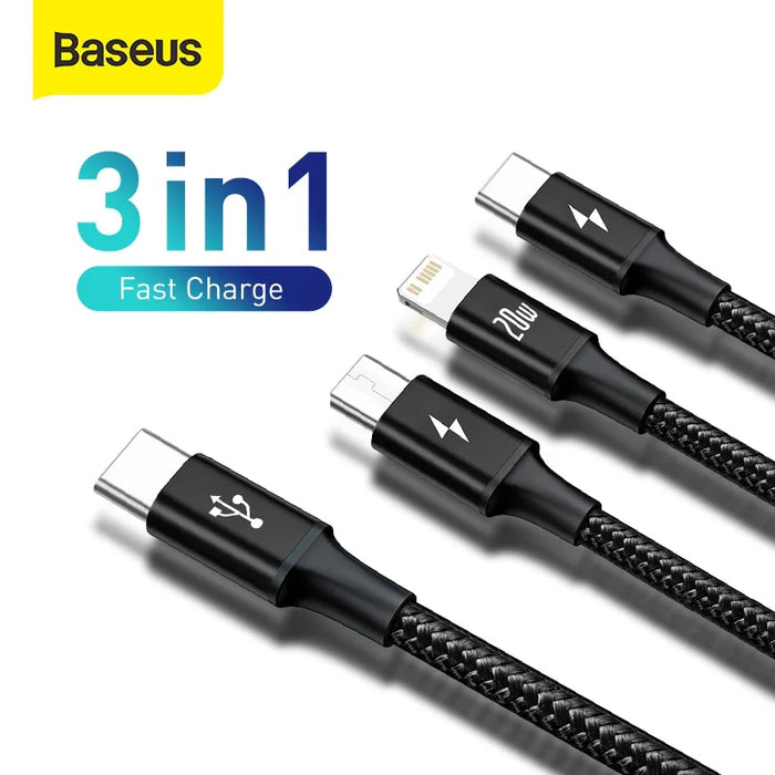 Baseus 20W Rapid Series 3-in-1 Fast Charging Data Cable (Type-C to M+L+C PD)