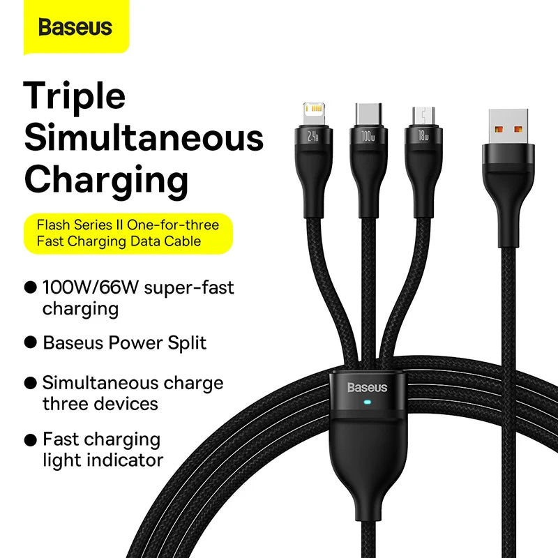 Baseus 3-in-1 100W Fast Charging Cable (USB to M+L+C)